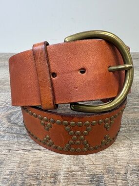 Banana Republic Studded Leather Belt | Brown Wide Boho Western Brass Buckle S